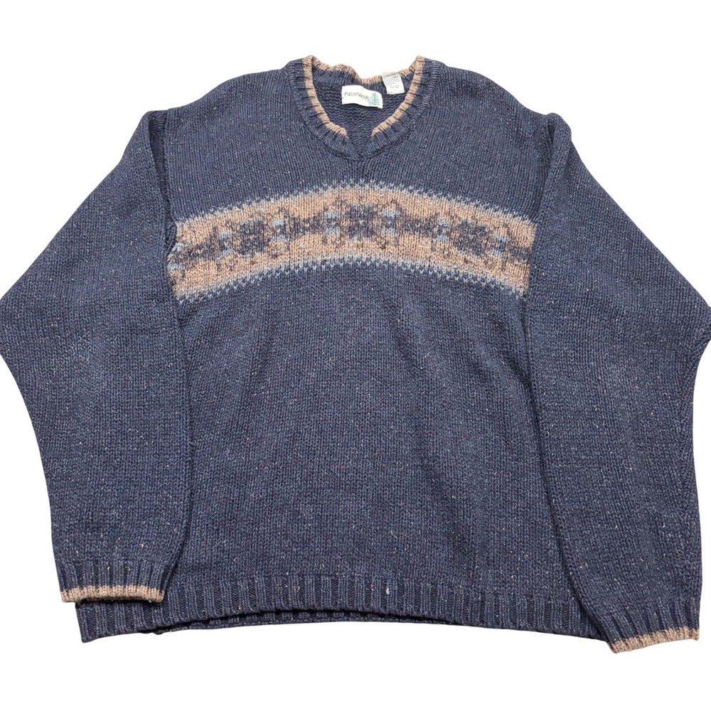 Fieldmaster Mens Vintage V-Neck Sweater Navy Blue Geometric Wool Blend Large LT
